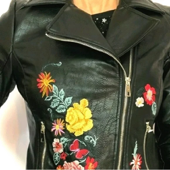 Romeo & Juliet Couture small Moto jacket black Faux Leather embroidered flowers - Picture 11 of 16